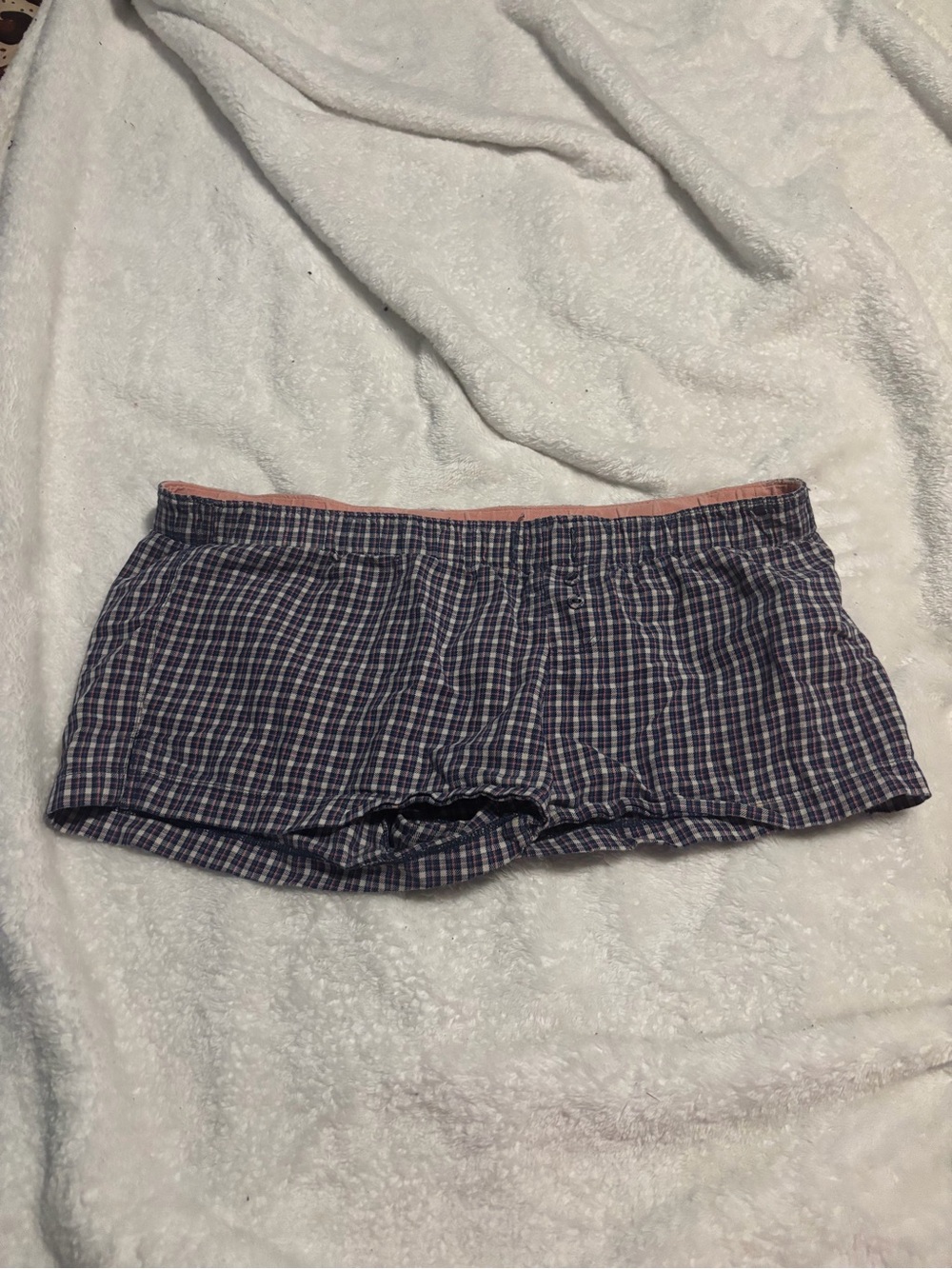 Plaid Cotton Lounge Shorts in Navy and Pink Trim